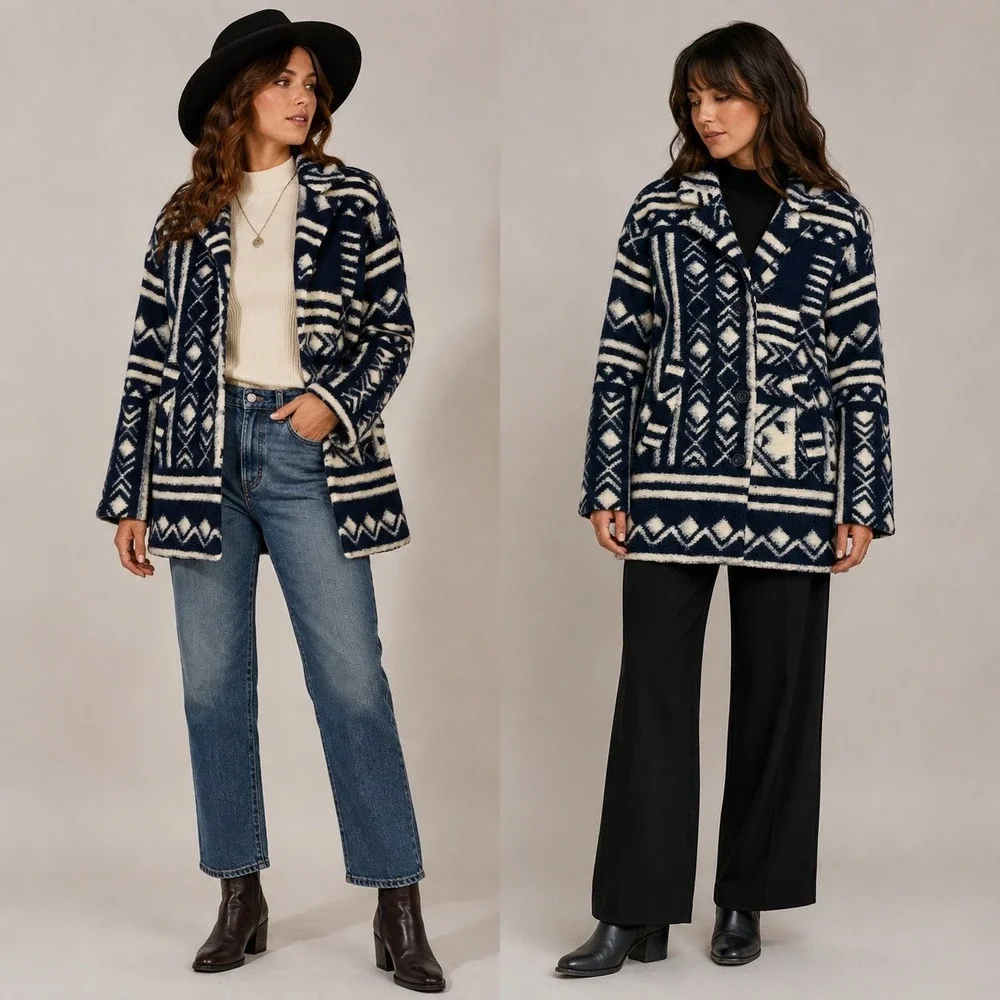 Forever 21 Women's M Navy Cream Aztec Wool Blend‎ Coat Indie Sleaze Southwestern